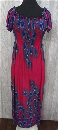 NWT Hot Pink Peacock Feather Gathered Bust Maxi Dress Stretch Sundress M #12
