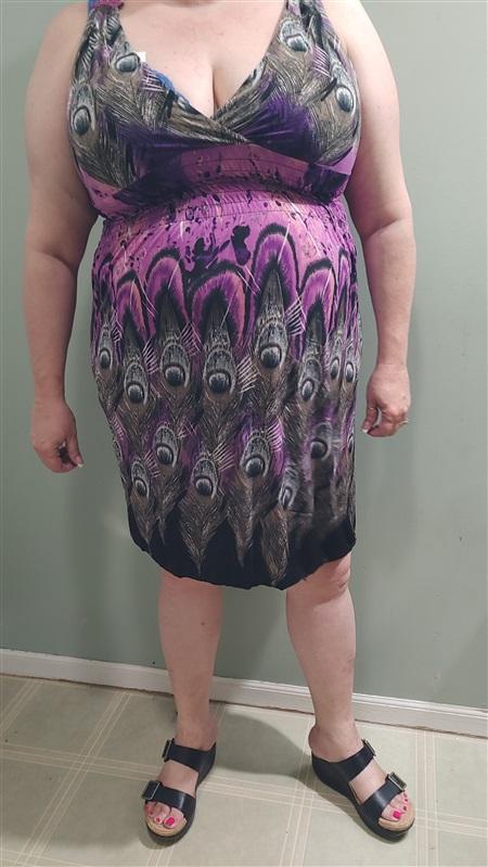 NWT Purple Gray Peacock Print w/ Lace Stretch Midi Dress Sundress XL 08