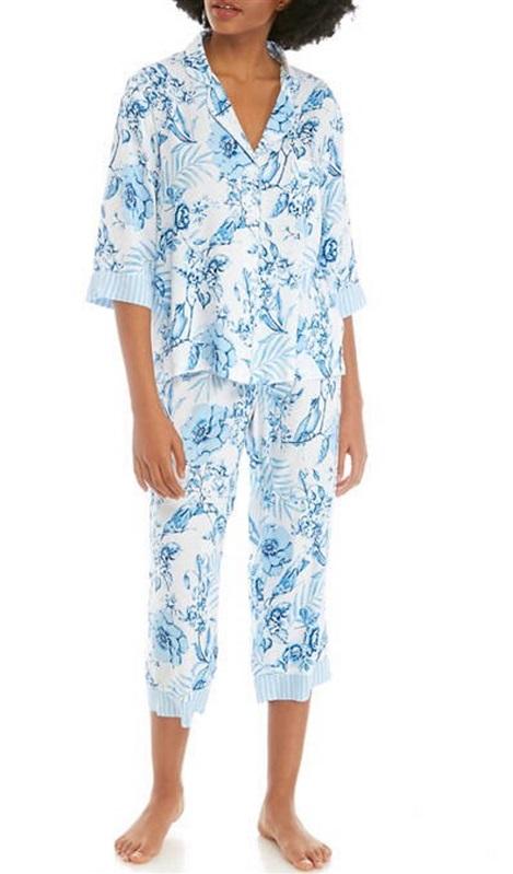 New Miss Elaine Blue & White 2 Piece Woven Rayon Pajama Set SM #77125