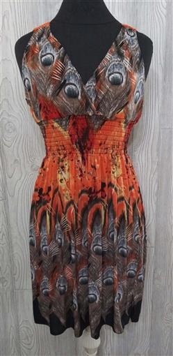 NWT V-Neck Sunset Orange Lace & Peacock Print Stretch Sundress Midi Dress L 05