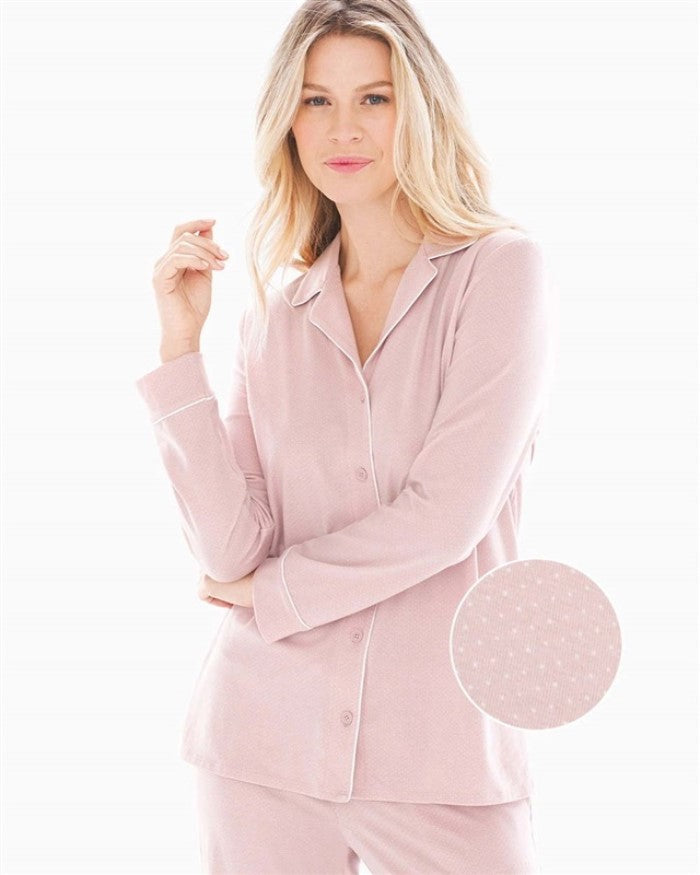 New Soma M Embraceable Long Sleeve Notch Collar Pajama Top Pink Micro Dot #89727