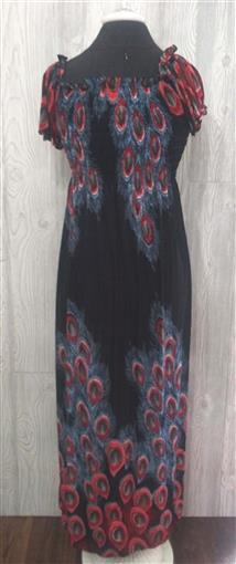 NWT Red & Black Peacock Feather Gathered Bust Maxi Dress Stretch Sundress L #23