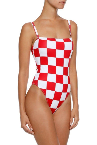 NEW Solid & Striped S RE/DONE Malibu Red White Check Retro Hi-Cut Swimsuit 83776