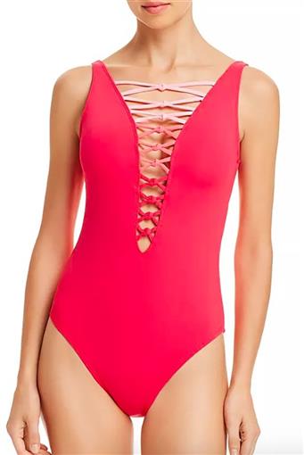 NWT Bleu by Rod Beattie SZ 14 Lace-Up Plunging One-Piece Swimsuit #90130