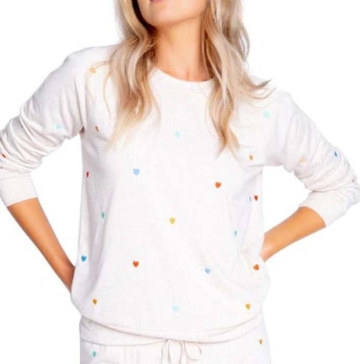 New PJ Salvage Retro Raglan Sleeve Rainbow Hearts Lounge Top in Oatmeal XL