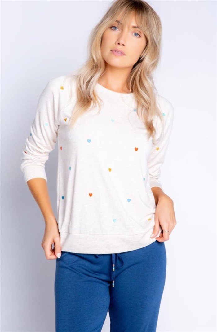 New PJ Salvage Retro Raglan Sleeve Rainbow Hearts Lounge Top in Oatmeal XL
