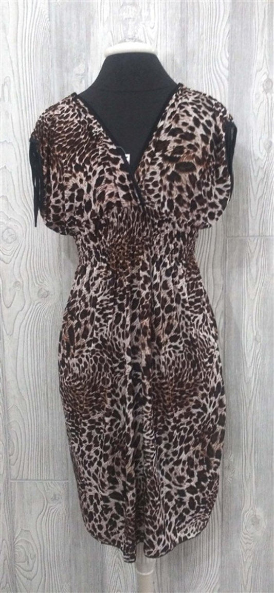 NWT V-Neck Savanna Prowl Cheetah Print Stretch Sundress Midi Dress L #07