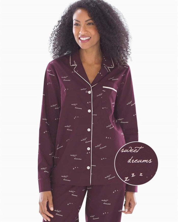 New Soma XL Cool Cotton Woven Long Sleeve Pajama Top Sweet Dreams Merlot #89724