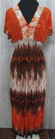 NWT V-Neck Tahitian Lace Sunset Orange Print Stretch Sundress Maxi Dress L 06