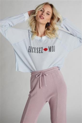 NEW Wildfox M EXCUSEZ MOI LONG SLEEVE Monte Crop TEE Blue 88160